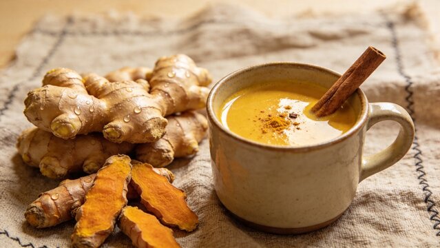 Warm and comforting golden milk latte with fresh turmeric ginger and cinnamon stick.