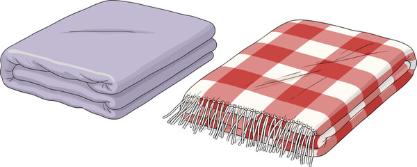 Folded Blankets Collection with Soft Fabric Bedding and Cozy Plaid Throw for Home Comfort and Interior Decor Flat Vector Illustration © MdMunzurul