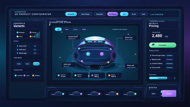 Dark futuristic product configurator dashboard interface with interactive headset preview, feature controls, pricing panel and status widgets