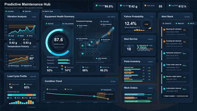 Dark predictive maintenance dashboard interface for heavy equipment analytics with health score, vibration charts, alerts and service panels