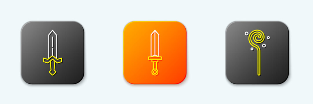 Set line Medieval sword, and Magic staff icon. Vector