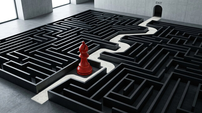 Strategic plan is symbolized by red chess bishop navigating complex black maze with clear path leading to exit, representing thoughtful decision making and problem solving