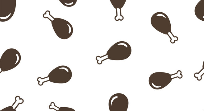 Cute cartoon fried chicken drumstick seamless pattern with brown meat and white bone