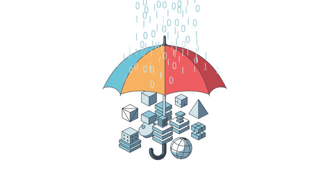 Abstract digital data rain falling on colorful umbrella protecting geometric shapes and servers