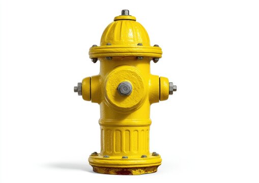 A bright yellow fire hydrant with multiple outlets against a white background