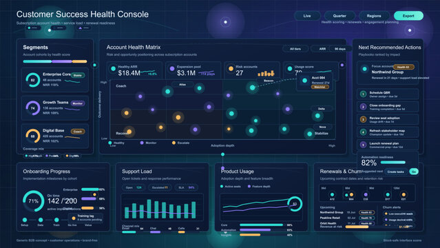 Dark customer success health dashboard interface with account health matrix, onboarding progress, product usage, support load and renewal panels