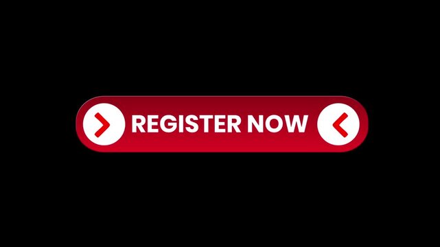 register now button with red arrow shape background, call to action. Animated red register Now text inside red shape on black background