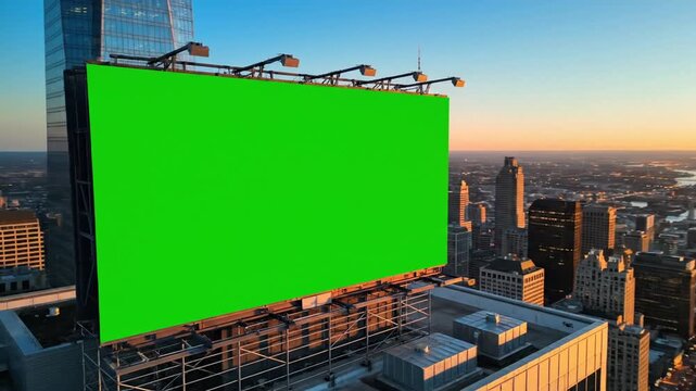 Large digital advertisement screen with a green chroma key display overlooking a bustling cityscape at sunset, ready for custom content and branding