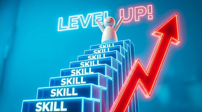 3D skill level up concept with glowing red arrow and neon text on blue background