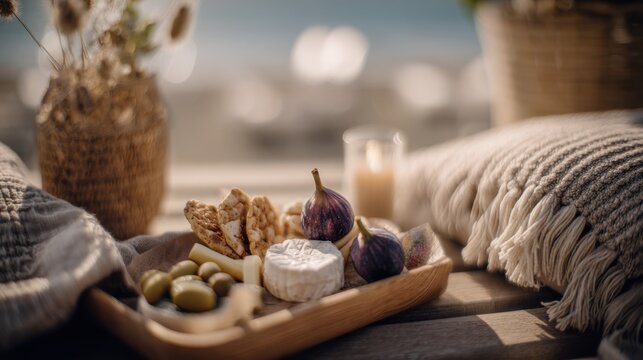 Close-up of a summer picnic setup on a low wooden tray with olives, crackers, figs, and assorted cheese. Soft ocean bokeh in the background, warm natural light, relaxed coastal lifestyle mood