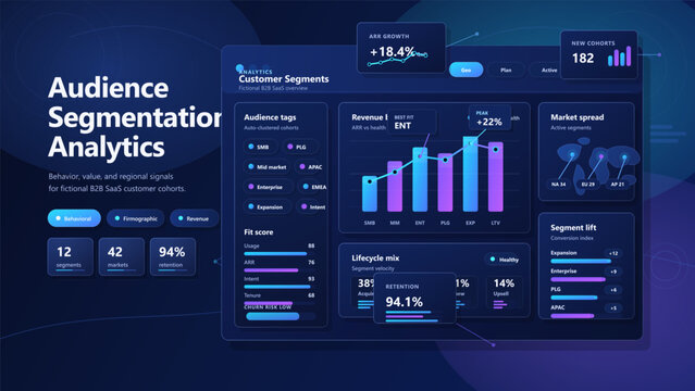 Dark audience segmentation analytics dashboard interface for B2B SaaS customer cohorts with charts, retention metrics and market insights