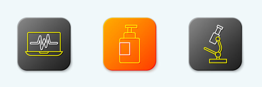Set line Laptop with cardiogram, Hand sanitizer bottle and Microscope icon. Vector