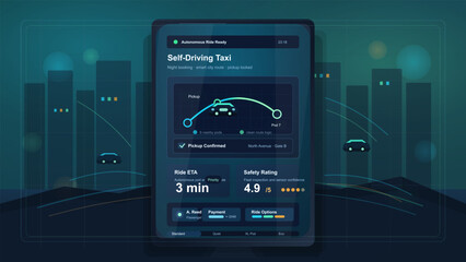 Dark autonomous taxi mobile app interface with route map, pickup confirmation, ETA, safety rating, and ride options in futuristic city night scene. © Антон Сальников