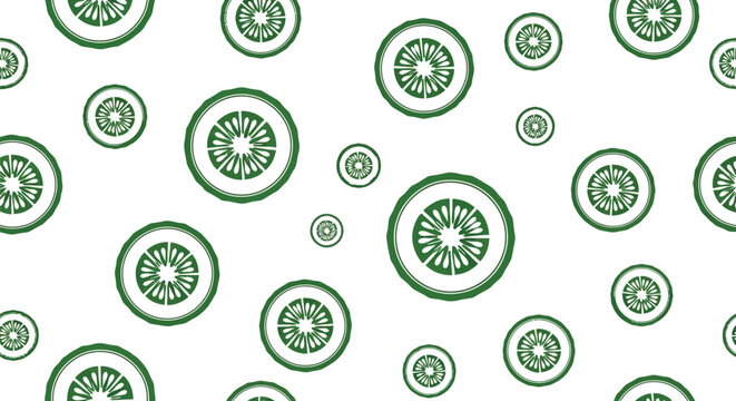 Seamless pattern of hand-drawn green circular elements resembling cucumber slices
