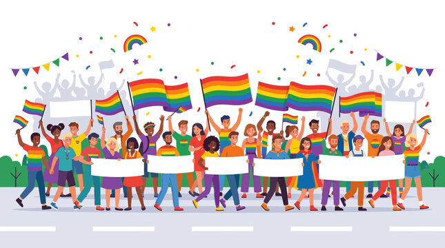 People holding rainbow flags parade.