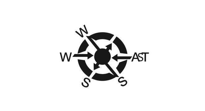 Stylized black compass rose icon with W, S, and AST directions, isolated white background.