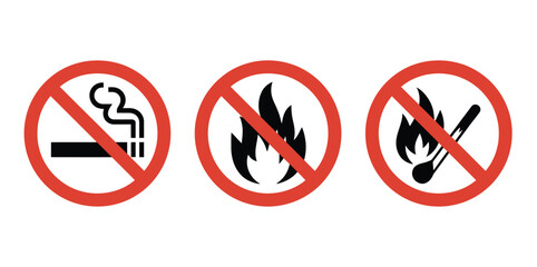 No smoking and no open flame sign set red prohibition fire and match symbols vector illustration isolated on light background © MD MILON