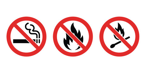 No smoking and no open flame prohibition sign set with red warning fire and match icons vector design for safety rules © MD MILON