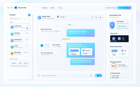 Light secure chat dashboard interface with contacts sidebar, encrypted conversation thread, file sharing, call preview and privacy panels