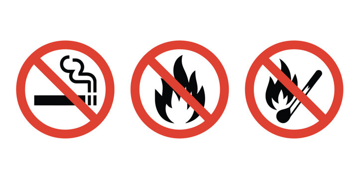 No smoking and no open flame sign set red prohibition fire and match symbols vector illustration isolated on light background