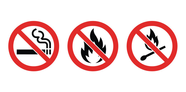 No smoking and no open flame prohibition sign set with red warning fire and match icons vector design for safety rules