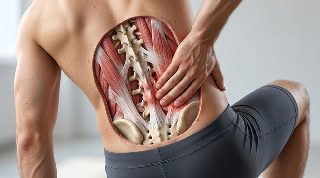 Back muscle anatomy pain hand touching lower spine human male Lower back muscle anatomy with hand touching painful area showing spine ligaments and muscles male body highlighting discomfort