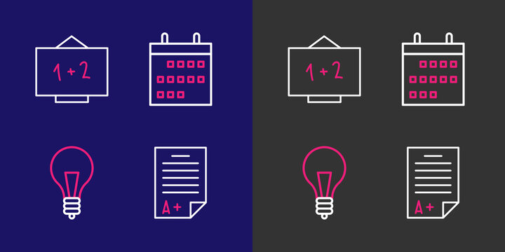 Set line Exam sheet with A plus grade, Light bulb concept of idea, Calendar and Chalkboard icon. Vector