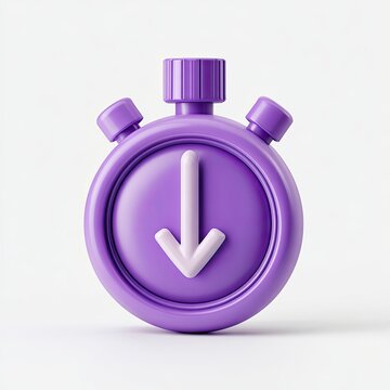 A 3D render of a purple stopwatch with a downward arrow on its face