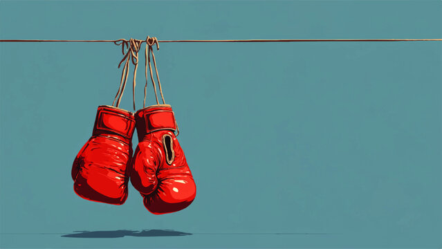 A pair of red boxing gloves hangs from a clothesline in a serene landscape with a blue background