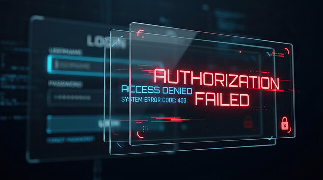 Authorization failed access denied system error code 403 digital security login screen cyber security warning message futuristic interface glowing red alert technology concept
