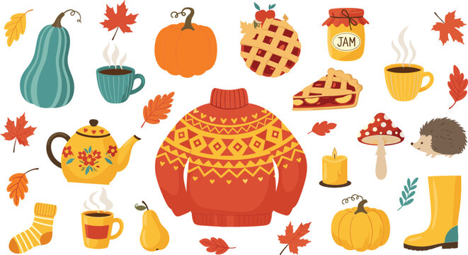 Autumn Cozy Elements Set with Sweater, Pumpkins, Tea, Pie, Leaves, and Seasonal Objects Illustration for Fall Design, Harvest Festival, and Thanksgiving Graphics