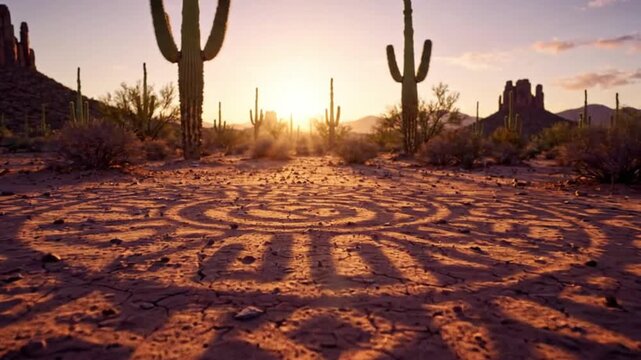 Desert Sunset with Saguaro Cactus and Sacred Geometry Pattern in Sand