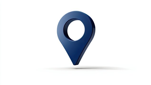 3D dark blue map pin icon, isolated on white background, casting shadow