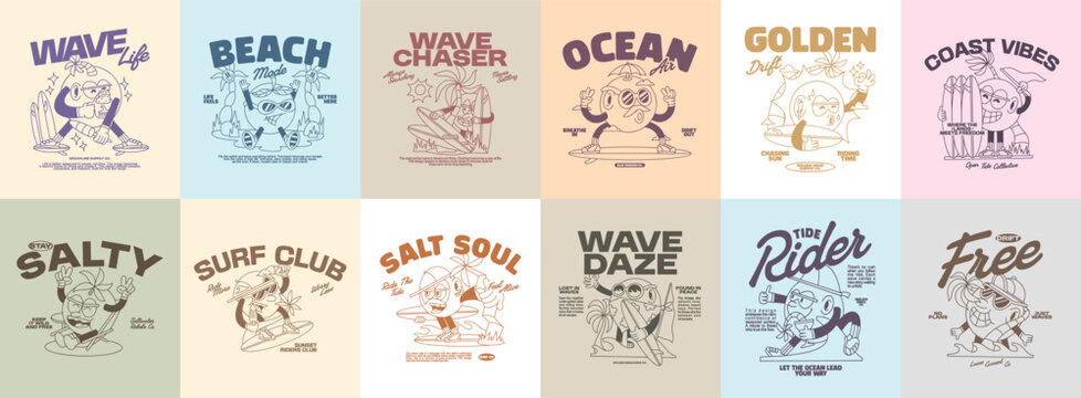 Retro Summer Surfing T-shirt Designs Bundle for Print. Vintage Retro Cartoon Collection, Paradise Beach Theme Vector Illustration Set for Apparel. Aesthetic Sumer Graphics. 