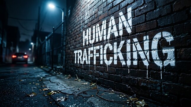 human trafficking awareness graffiti on dark alley wall at night
