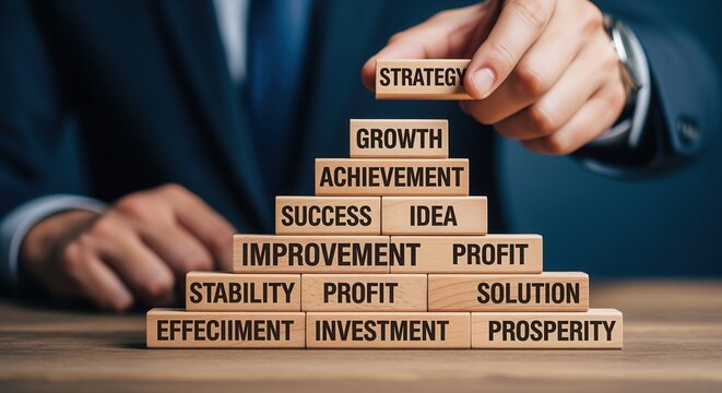 Businessman building wooden block tower with business words like strategy, growth, success. Represents strong foundation for business development, planning, achieving goals. For corporate training.