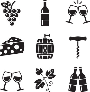 Iconic symbols representing the wine-making and enjoying process