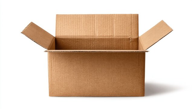Empty, open, brown cardboard box with folded flaps, on a white background