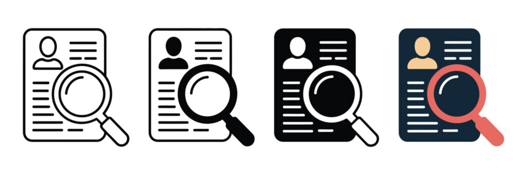Resume screening icons with magnifying glass for recruitment