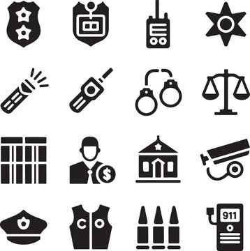 Collection of icons representing law enforcement and judicial symbols