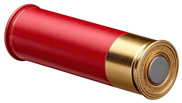 A single red shotgun shell with a brass base, isolated on white background