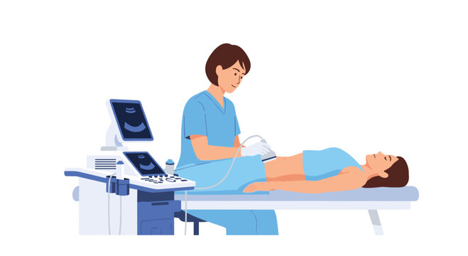 A professional female sonographer in blue medical scrubs performs a detailed abdominal ultrasound examination on a patient resting on a clinical table.