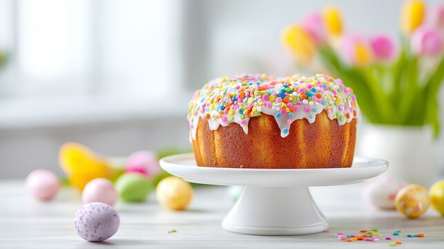 Savor the sweetness of tradition: a beautifully glazed Easter Kulich cake topped with vibrant sprinkles on a white stand, surrounded by pastel eggs and fresh spring tulips.