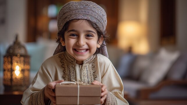 Celebrate the spirit of generosity: a joyful young boy in traditional Omani dress holding a gift box by a glowing lantern, ideal for Eid greeting cards and Ramadan marketing.