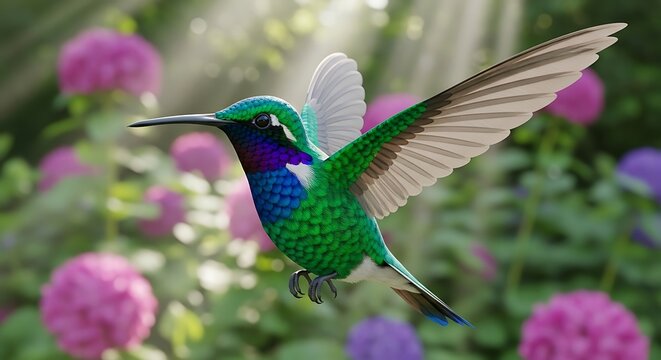 Vibrant hummingbird hovering near colorful blossoms in flight