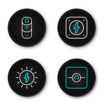 Set line Ohmmeter, Solar energy panel, Lightning bolt and Battery charge icon. Vector