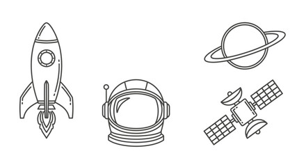 Set of Space Exploration Icons Including Rocket, Helmet, Planet, and Satellite. © Sasisu