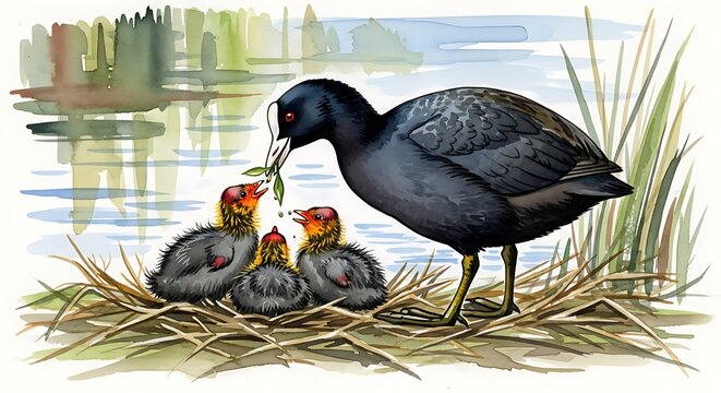 A coot feeding its chicks in a marshy nesting area