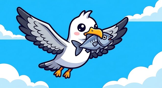 A seagull carrying a small bird in flight against a blue sky backdrop