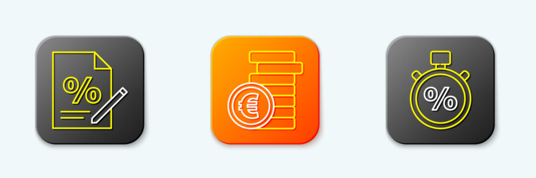 Set line Finance document, Coin money with euro symbol and Stopwatch and percent icon. Vector